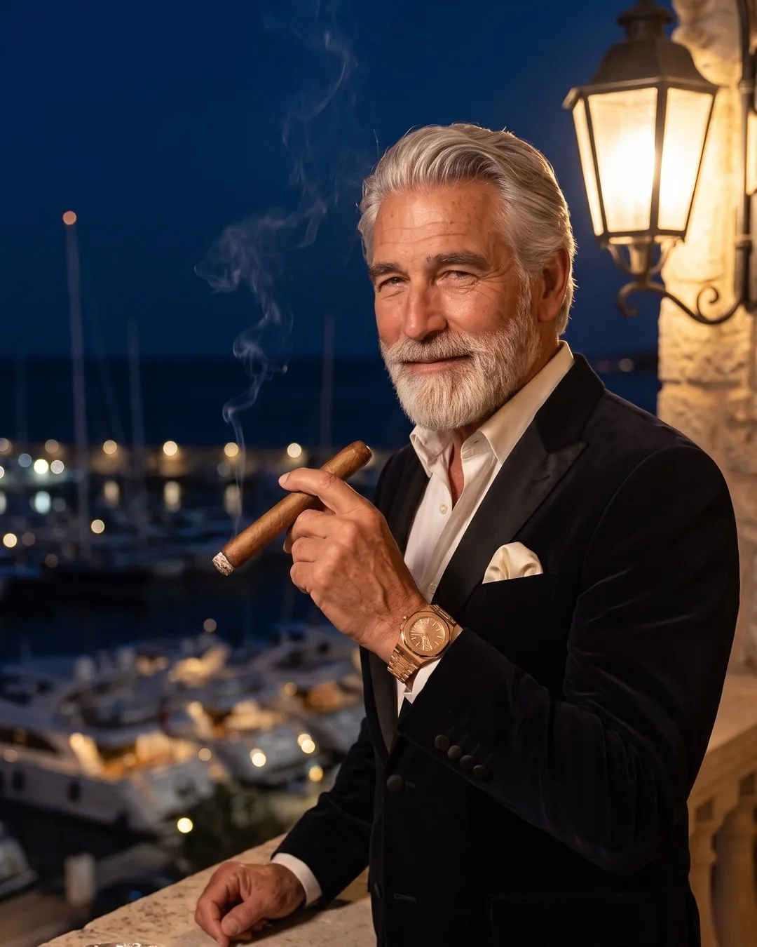 Don Vicente on a stone terrace above a lit marina at night